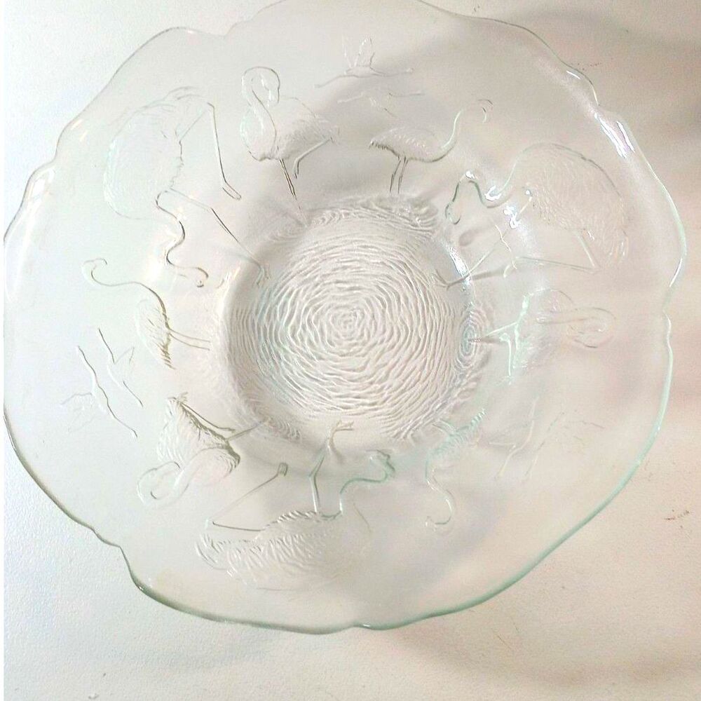 Fench large glass fruit bow featuring etched flamingo designs~Vintage~